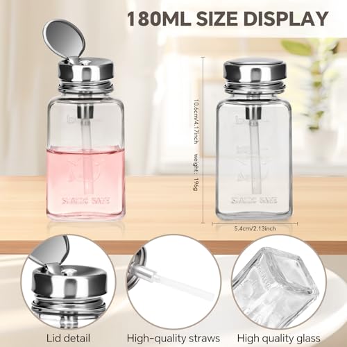 2PCS 6Oz/180ML Clear Glass Pump Dispenser Bottle, Metal Flip Top Press Container, Refillable Liquid Dispenser for Nail Polish Remover, Makeup Remover & Alcohol - Leak-Proof for Home, Salon & Travel - size: Square + Square