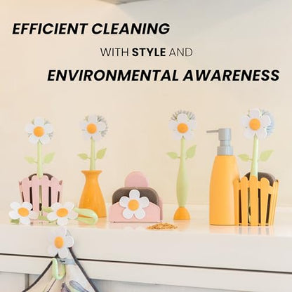 Vigar Florganic Dish Brush with Handle & Built-in Stand - Daisy-Shaped Kitchen Scrub Brush for Dishes and Sink Cleaning, Non-Stick Safe Soft Nylon Bristles, Pot Scrubber, Dishwasher Safe – Multicolor