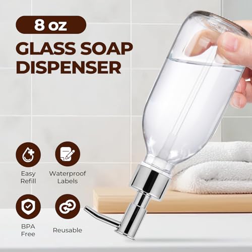 8 oz Clear Glass Pump Bottle, 250ml Small Lotion Dispenser Bottle for Body Massage Oil, Refillable Empty Hand and Dish Soap Dispensers Set with Plastic Silver Pump, Labels - 2 Pack - color: Clear With Silver Pump