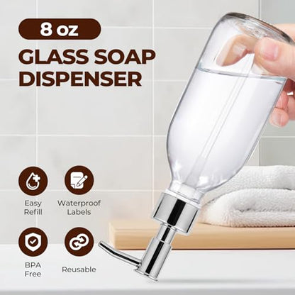 8 oz Clear Glass Pump Bottle, 250ml Small Lotion Dispenser Bottle for Body Massage Oil, Refillable Empty Hand and Dish Soap Dispensers Set with Plastic Silver Pump, Labels - 2 Pack - color: Clear With Silver Pump