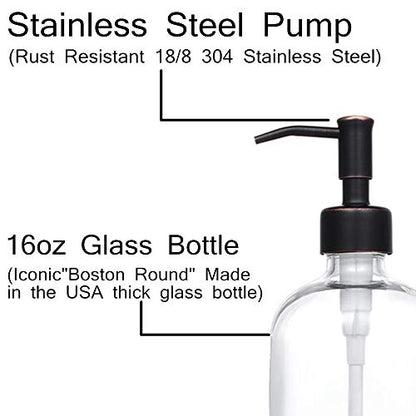 2 Pack Thick Clear Glass Pint Jar Soap Dispenser with Oil Rubbed Bronze Stainless Steel Pump, 16ounce Clear Boston Round Bottles Dispenser with Rustproof Pump for Essential Oil, Liquid Soap - color: Oil Rubbed Bronze