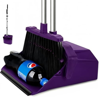 Tiumso Broom with Dustpan Combo Set, Broom and Dustpan Set with 51'' Long Handle, Dust Pan and Brooms, ZeroGap Lip, Self-Cleaning Dustpans Teeth for Lobby Kitchen Restaurant - Purple - color: Purple