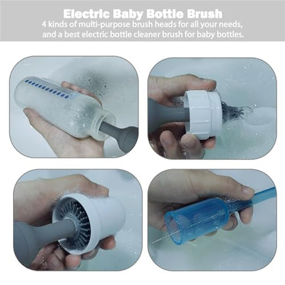 Electric Baby Bottle Brush Set with Rechargeable Electric Bottle Brush Cleaner and Replaceable Silicone Bottle Brushes and Straw Brush Cleaner, Waterproof Multi-Purpose Cleaning Brush（Grey） - color: Gray