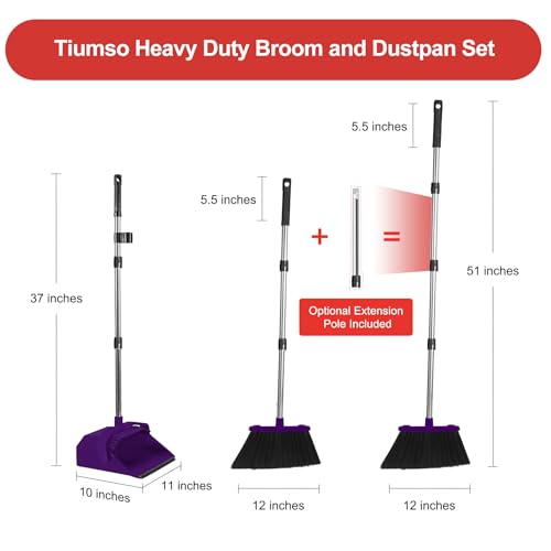 Tiumso Broom with Dustpan Combo Set, Broom and Dustpan Set with 51'' Long Handle, Dust Pan and Brooms, ZeroGap Lip, Self-Cleaning Dustpans Teeth for Lobby Kitchen Restaurant - Purple - color: Purple