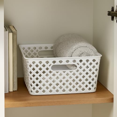 Medium Decorative Plastic Storage Basket, White Organizer Bin, 14 x 11.5 x 5.3 Inches for Home, Closet, Bathroom, Kitchen Organization