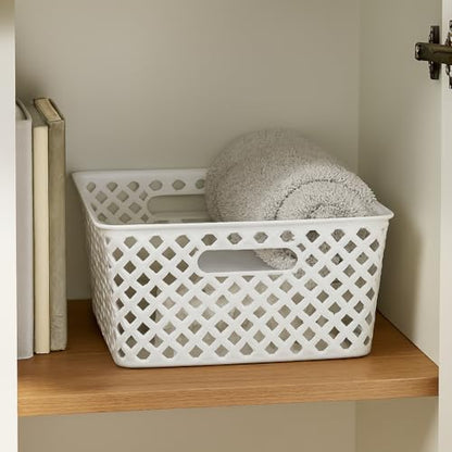 Medium Decorative Plastic Storage Basket, White Organizer Bin, 14 x 11.5 x 5.3 Inches for Home, Closet, Bathroom, Kitchen Organization