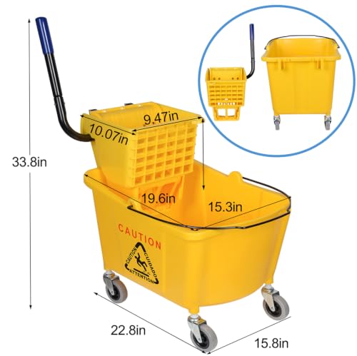Side-Press Wringer Commercial Mop Bucket on Wheels, 35-Quart, Yellow Mop Bucket for Professional/Industrial/Business Heavy-Duty Floor Cleaning/Mopping