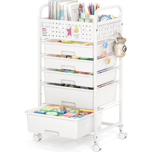 5 Drawer Rolling Storage Cart with Pegboard Top and Hooks, Mobile Utility Organizer with Wheels for Office Supplies, Craft Storage, Classroom Organization, Home Storage Cart, White - color: White, size: 5-Drawers