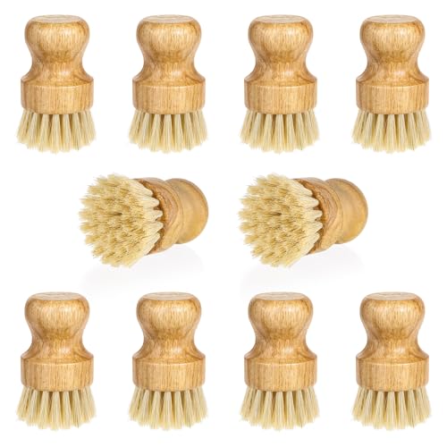 12 Packs Bamboo Dish Scrub Brush Wooden Washing Scrubbers with Sisal Bristles Kitchen Palm Pot Brush Round Mini Dish Brushes for Household Iron Pot Pan Sink Sink Vegetables Cleaning - color: Yellow