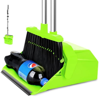 Tiumso Upgrade Broom with Dustpan Combo Set, Broom and Dustpan Set with 51'' Long Handle, Large Upright Brooms and Dust Pans, ZeroGap Lip, Self-Cleaning Teeth for Lobby and Restaurant - Light Green - color: Green