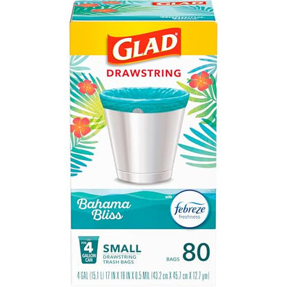 Glad Small Trash Bags 4 Gallon, Febreze Bahama Bliss Garbage Bags, Odor Resistant with Drawstring, 80 Count (Pack of 2) - size: 80 Count (Pack of 2)