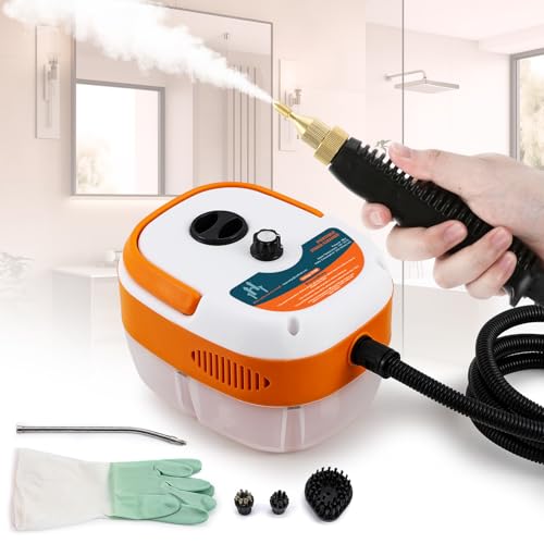 2500W Handheld Steam Cleaner, Pressurized Steam Cleaning Machine with 3 Brush Heads, 20s Heat Up, 1L Tank, Multipurpose Mini Portable Steamer for Tile, Grout, Furniture, Kitchen, Car, Home - color: Orange