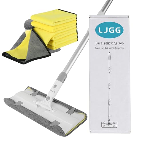 Reusable Microfiber Flat Mop for Floor Cleaning, 10.8 in (27.5 cm) Aluminum Base with 52 in Aluminum Handle, Includes 4 Washable Pads for Wet & Dry Use – LJGG (Gray/Yellow) - size: 10.8" Head, 52" Handle