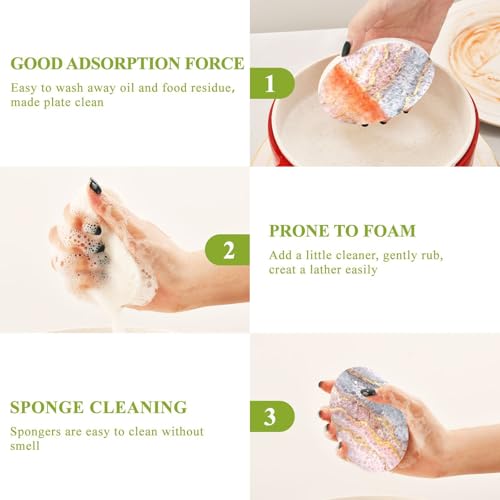 YETTASBIN Marble 3PCS Wood Pulp Scrub Sponges, Reusable Absorbent Household Cleaning Sponge Non-Scratch Kitchen Dish Sponges, Multi-Surface Safe Scrubber for Nonstick Pans, Pots