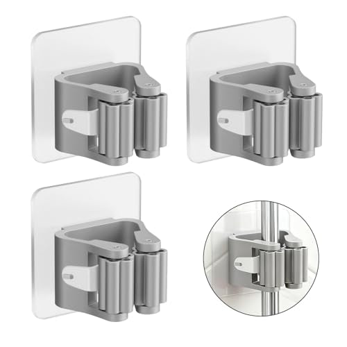 3Pcs Broom Holder Wall Mount Adhesive Mop Hanger No-Drill Strong Hold Hook Waterproof Mop and Broom Organizer Space Saving Storage Rack(Grey) - color: Grey