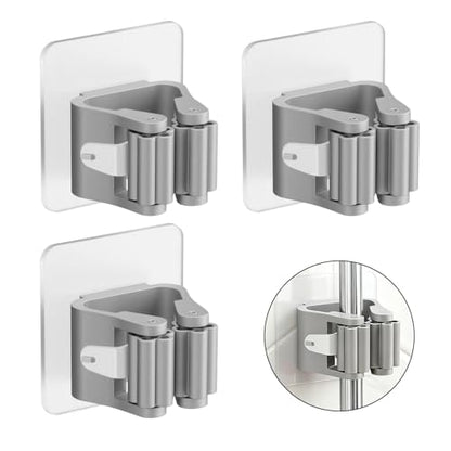 3Pcs Broom Holder Wall Mount Adhesive Mop Hanger No-Drill Strong Hold Hook Waterproof Mop and Broom Organizer Space Saving Storage Rack(Grey) - color: Grey
