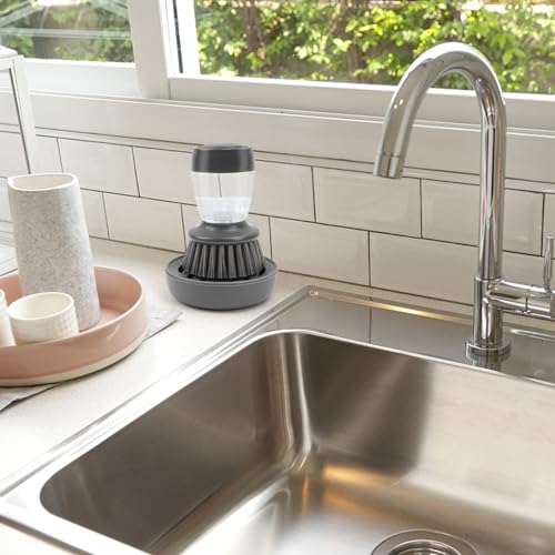 Kitchen Brush with Holder and Soap Dispensing Palm Brush Storage Set for Kitchen Cleaning Dishes Pots Pans Sink Cleaning Dish Scrubber - color: Gray