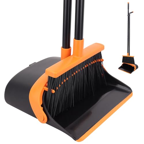 Broom and Dustpan Set - 56" Long Adjustable Handle Broom with Upright Standing Dustpan Combo for Home,Kitchen, Shopping Mall and Factory Indoor&Outdoor Sweeping