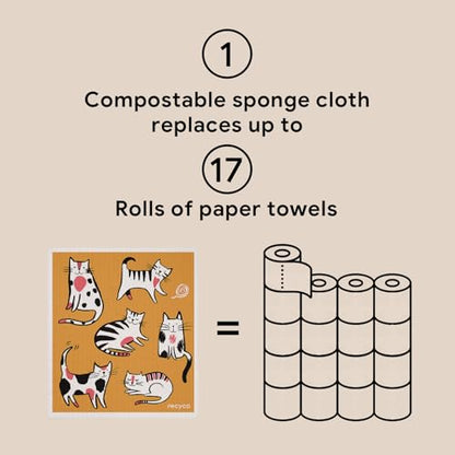 RECYCO Swedish Dishcloths for Kitchen | 6 Pack Cuddly Cats Washable Dish Rags | Cellulose Reusable Cleaning Paper Towels | Absorbent Counter Dish Cloth Sponge Kitchen Wipes, 8" L x 7" W - color: Cuddly Cats - 6 Pack