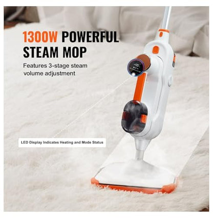 Steam Mop, 8-in-1 Hard Wood Floor Cleaner with 7 Replaceable Brush Heads, for Various Hard Floors, Like Ceramic, Granite, Marble, Linoleum, Natural Floor Mop with 2 pcs Machine Washable Pads