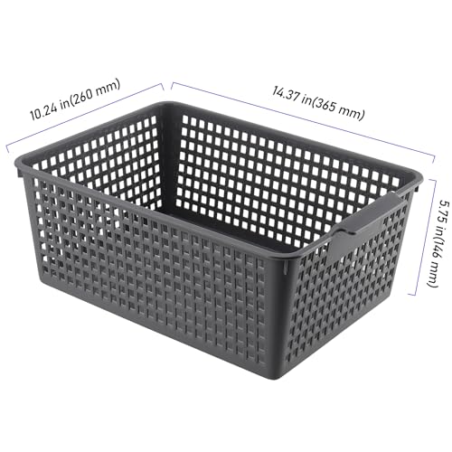 3 Pack Large Plastic Storage Baskets, 14.3 x 10.2 x 5.7 Inch Grey Storage Bins, Stackable Plastic Woven Basket Organizer Tray for Pantry Organization