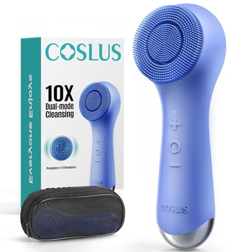 COSLUS FBS03 Face Scrubber Facial Cleansing Brush: 2 in 1 Spin and Vibration Patented, Silicone Electric Exfoliator Scrubber with Automatic Foaming, Waterproof Face Cleanser Brush for Men and Women - color: Dark Blue