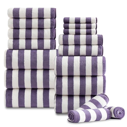 18 Pcs Purple Stripe Bath Towel Set with Hanging Loop-6 Bath Towels,6 Hand Towels,6 Washcloths Soft Family Towels Set Bathroom Towel Highly Absorbent Quick Dry Shower Towel for Beach Spa Gym Hotel - color: Purple White, size: 18 Pcs Towel Set