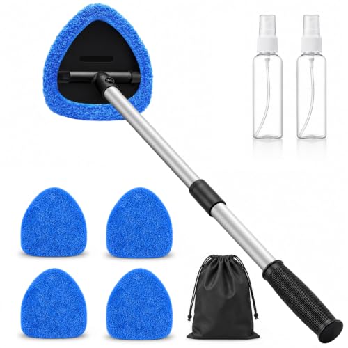 25.5" Extra-Long Reach – Super Absorbent Coral Velvet Windshield Cleaner Tool, Streak-Free Windshield Cleaning Tool Kit with 5 Pads, 2 Spray Bottles & Storage Bag for Auto Glass & Home Windows, Blue - color: Blue