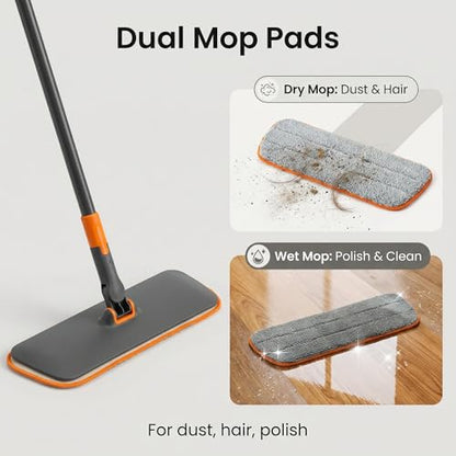 CLEANHOME 2-in-1 Wet Dry Flat Microfiber Mop for Hardwood Floors-Reusable Washable Pads, Telescoping Long Handle Floor Cleaner for Tile Laminate, Pet Hair Removal, Car Detailing & Window Cleaning