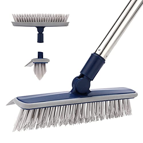 2 in 1 Floor Scrub Brush Grout Brush with 57.8" Long Handle,120°Rotatable Shower Tile Grout Scrubber,V-Shaped Corner Brush for Hard to Reach Areas (Grey) - color: Gray