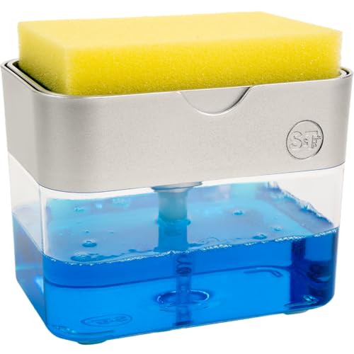 S&T INC. Dish Soap Dispenser and Sponge Holder for Kitchen Sink with Enhanced Features, Sponge Included, 13 Ounces, Silver - color: Silver