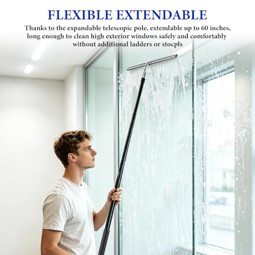 Shower Squeegee for Glass Doors, 2-in-1 Professional Window Cleaner Tool with Extension Pole, 14" Wide Window Washing Equipment for High Outside Glass, Solar Panels, Shower & Car Windshield