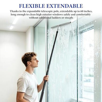 Shower Squeegee for Glass Doors, 2-in-1 Professional Window Cleaner Tool with Extension Pole, 14" Wide Window Washing Equipment for High Outside Glass, Solar Panels, Shower & Car Windshield