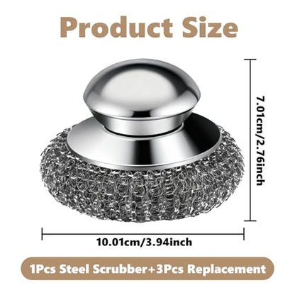 Steel Wool Scrubber, 4-Pack Stainless Steel Scrubber Pads with Handle - The Ultimate Scouring Solution for Rust, Stubborn Messes on Cookware, Grill, Oven & Kitchen Sinks - size: 1 Handle+3 Pads