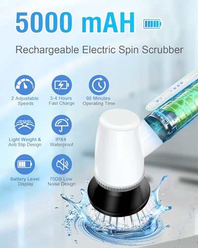 Electric Spin Scrubber Bathroom Scrubber - Cordless Shower Scrubber with Adjustable Handle, 2 Speeds, Bathroom Scrubber with 8 Replaceable Brush Heads, Power Scrubber for Bathroom Bathtub Cleaning