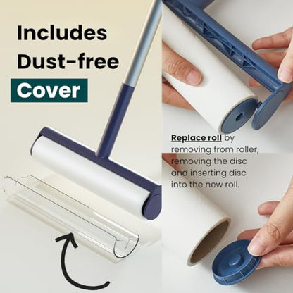 Large Lint Roller with Extra Sticky Roller and 420 Sheets 9.5" Wide, Floor Lint Roller Long Handle, Extendable to 41", Carpet, Couch, Pet Hair, Clothing Cleaning Supplies (White Roller + 7 Refills) - size: White Roller + 7 Refills