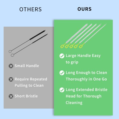 Extra Long 10 Inch Straw Cleaner Brush, Heavy Duty Thin Bristle Straw Brushes for Cleaning, Reusable Metal Straw Cleaner Brush Set for Stanley Cup, Glass Pipe & Drinking Straws (5-Pack) - size: 10 inch
