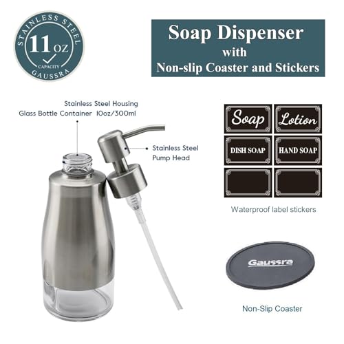 Gaussra Soap Dispenser with Coaster and Stickers, Brushed Nickel Stainless Steel Case Glass Liner Hand Pump Dispenser, Refillable Liquid Hand Soap Dispenser for Bathroom & Kitchen (11OZ / 320ML) - color: Brushed Nickel