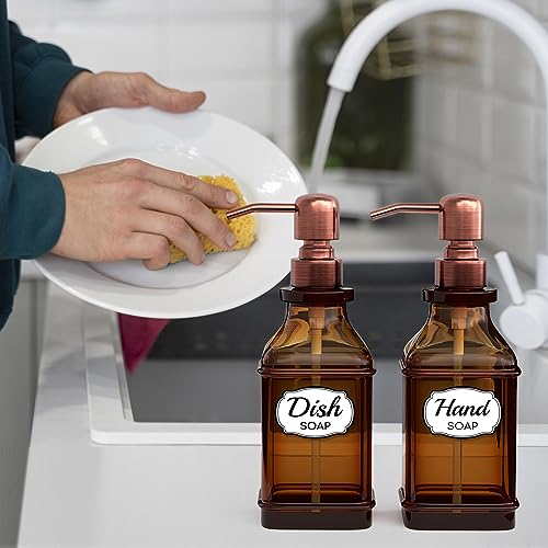 LMQML Soap Dispenser - 2 Pack, Antique Design Thick Amber Glass Hand Soap Dispensers with Sturdy Tray; 304 Rust Proof Stainless Steel Black Pump, 12Pcs Stickers, for Kitchen, Bathroom -Brushed Copper - color: Brushed Copper