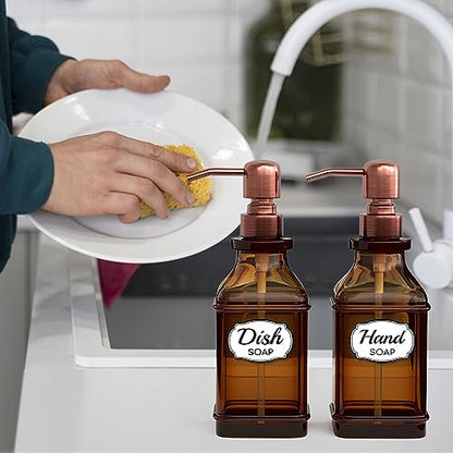 LMQML Soap Dispenser - 2 Pack, Antique Design Thick Amber Glass Hand Soap Dispensers with Sturdy Tray; 304 Rust Proof Stainless Steel Black Pump, 12Pcs Stickers, for Kitchen, Bathroom -Brushed Copper - color: Brushed Copper