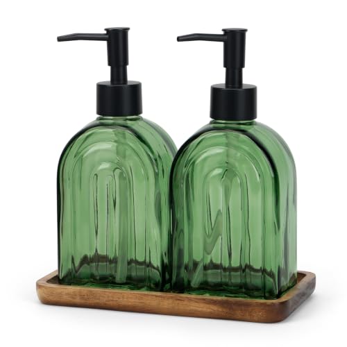 Glass Soap Dispenser Set with Wooden Tray, 13.5Oz Refillable Liquid Modern Soap Dispenser with Plastic Pump for Hand and Dish Set for Bathroom Countertop Decor (Green) - color: Green Thick Rainbow