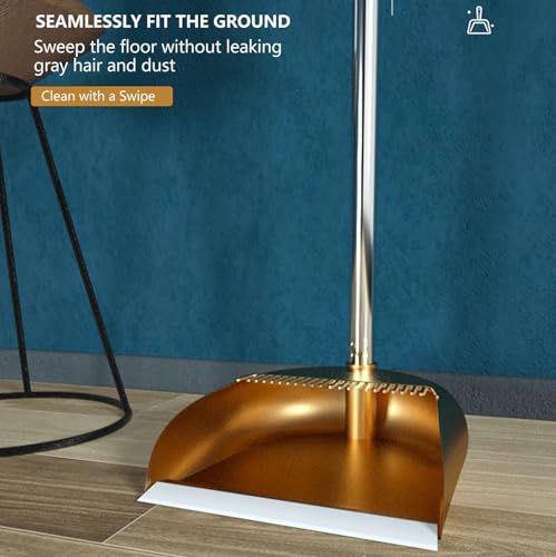Broom and Dustpan Set, Long Handle Broom with Stand Up Dustpan Combo Set, Light Weight Stainless Steel Poles Stand Upright Dustpans and Broom Set, Broom with Dustpan for Home Kitchen Room - color: Gold