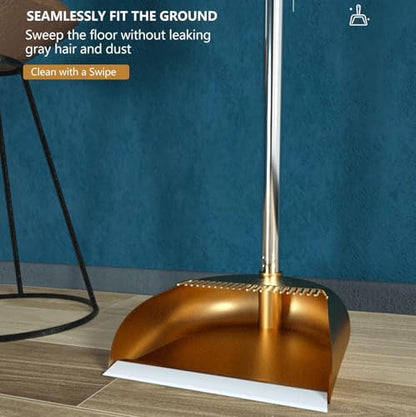 Broom and Dustpan Set, Long Handle Broom with Stand Up Dustpan Combo Set, Light Weight Stainless Steel Poles Stand Upright Dustpans and Broom Set, Broom with Dustpan for Home Kitchen Room - color: Gold