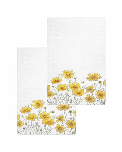 Yellow Daisy Flower Hand Towels Set,Waffle Weave Kitchen Towels 2 Pieces,Microfiber Hair Face Bath Tea Towel Absorbent Quick Drying Cleaning Dish Cloths,Modern Minimalist White Botanical 15.7"x23.6" - color: Floralhab33447