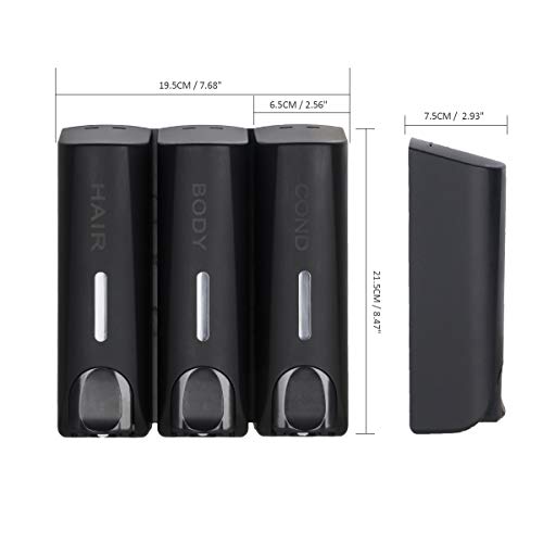 AUMIO Chamber Shower Soap Dispenser Trio Wall Mounted Shampoo and Conditioner Dispenser Set, No Drill for Bathroom Hotel, Black - color: Black 3 Chamber