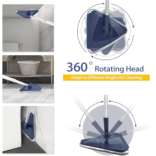 Wall Cleaner Mop with 82" Handle, 360° Rotating Triangle Head and Microfiber Pads, Built-in Squeegee for Ceiling Mop, Baseboard Cleaning and Windows - color: Blue