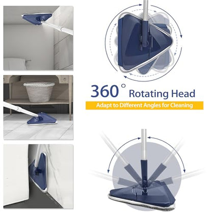 Wall Cleaner Mop with 82" Handle, 360° Rotating Triangle Head and Microfiber Pads, Built-in Squeegee for Ceiling Mop, Baseboard Cleaning and Windows - color: Blue