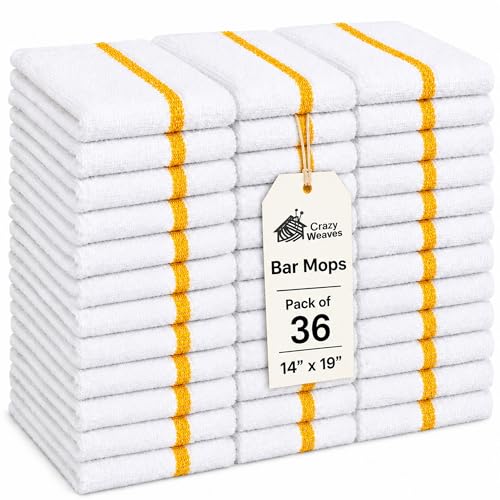 Bar Mops Pack of 36 (14" x 19") - 100% Cotton Cleaning Rags for Housekeeping - Thick, Absorbent, Reusable Bar Towels for Cleaning House & Restaurant - Kitchen Towels Bulk (Yellow Stripe) - color: Yellow Stripe, size: Pack of 36