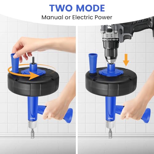 XJX Drain Auger, Plumbing Snake with Drill Adapter, 25FT Flexible Steel Drain Clog Remover, Manual or Powered for Kitchen, Bathroom & Shower Sink, with Gloves and Storage Bag - color: Bule