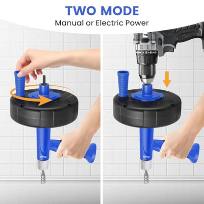 XJX Drain Auger, Plumbing Snake with Drill Adapter, 25FT Flexible Steel Drain Clog Remover, Manual or Powered for Kitchen, Bathroom & Shower Sink, with Gloves and Storage Bag - color: Bule